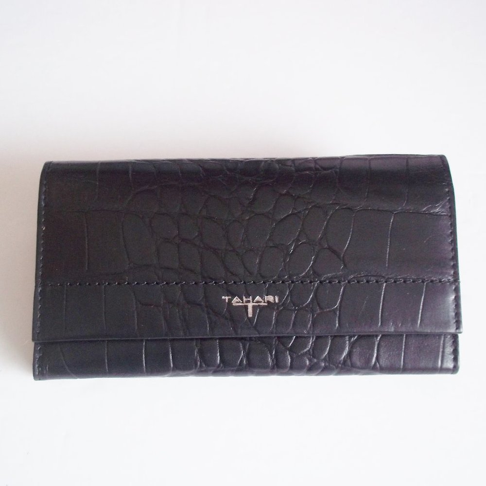 Tahari Leather Flap Clutch Wallet Black Croco NWOT - Picture 6 of 6